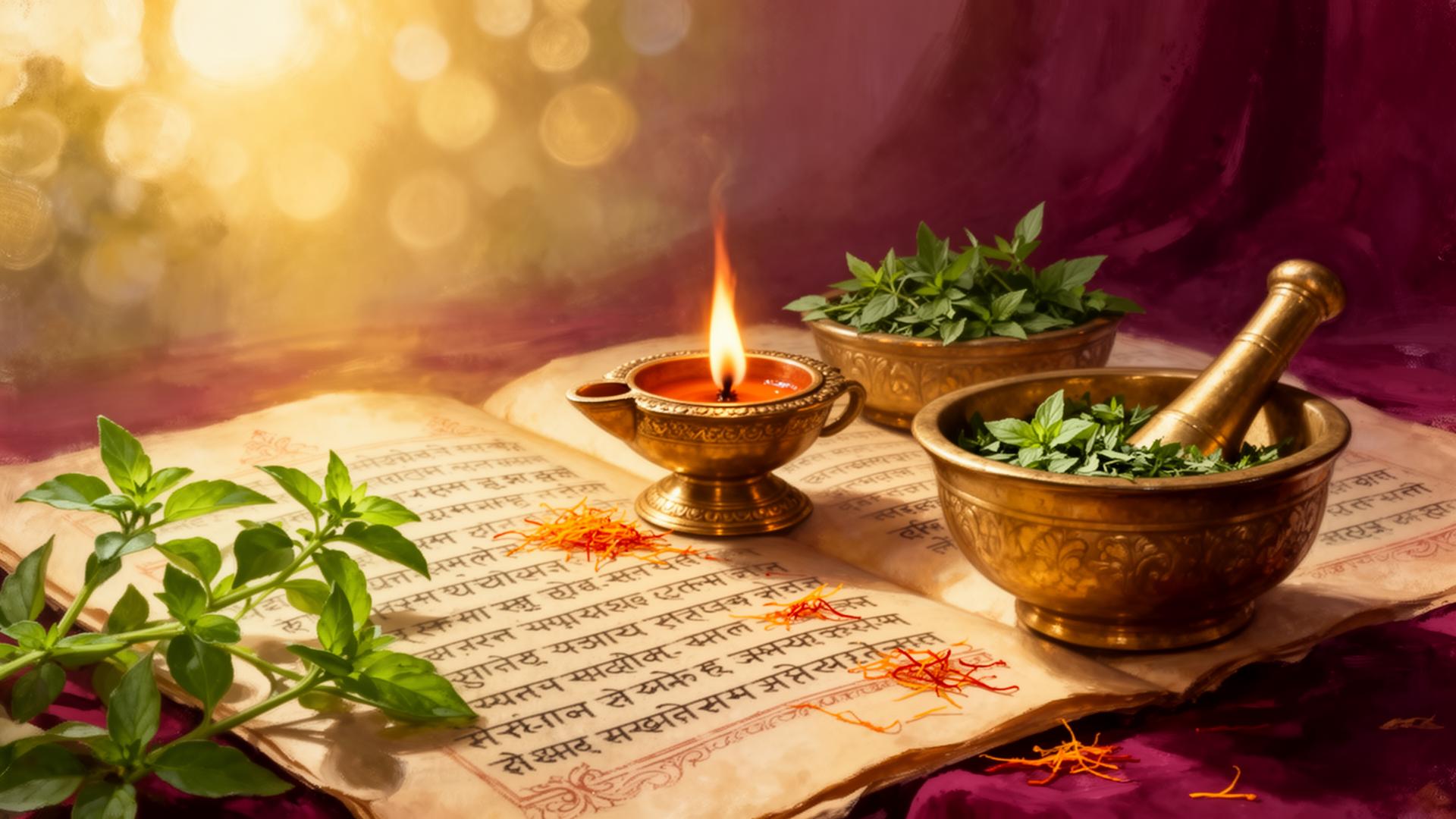 Sanskrit manuscript with diya and herbs